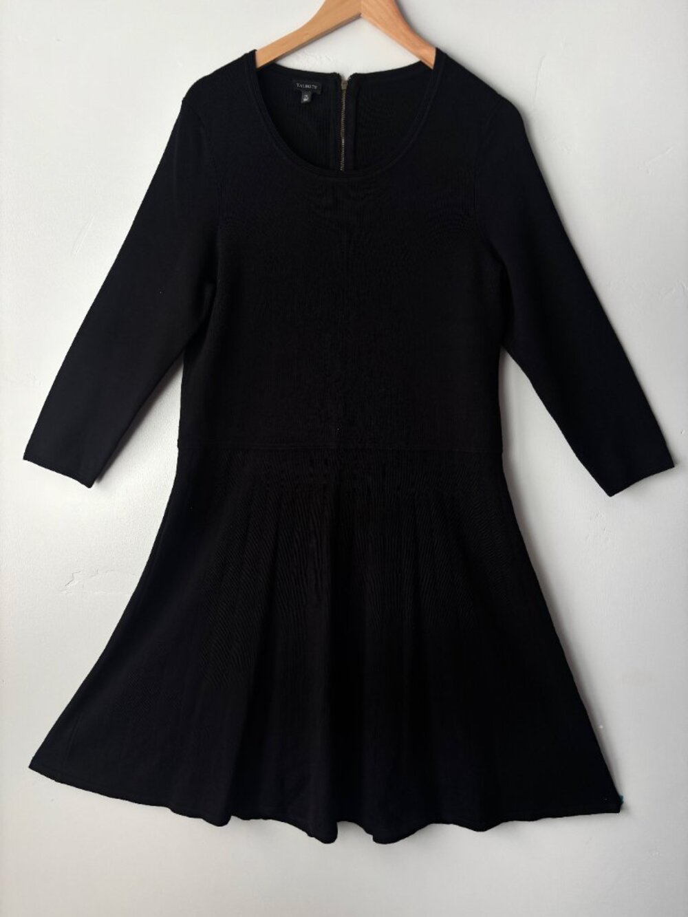 Talbots Black Knit Sweater Dress XL 3/4 Sleeve Pleated Fit Flare Quiet Luxury
